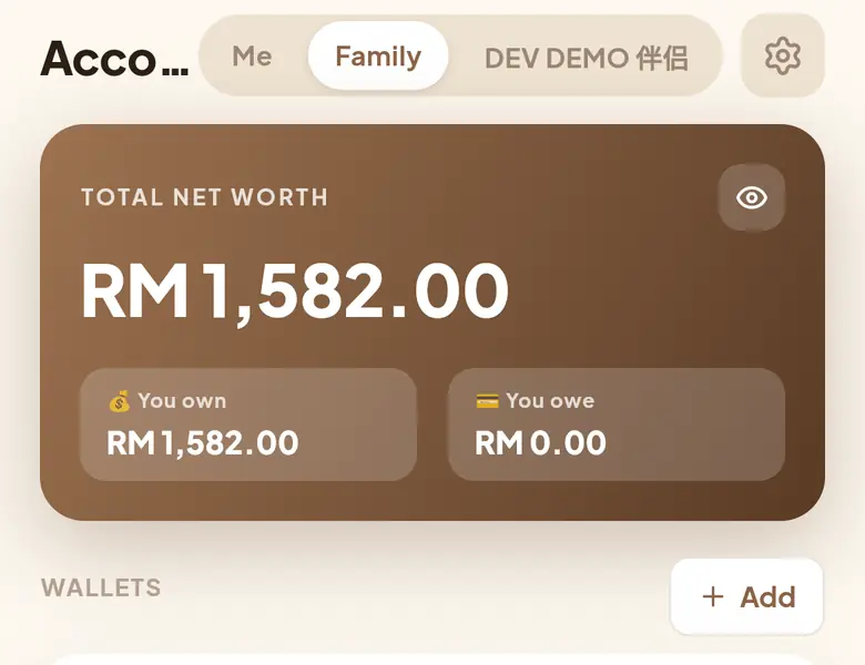 Home Blessed accounts screen with a net worth card