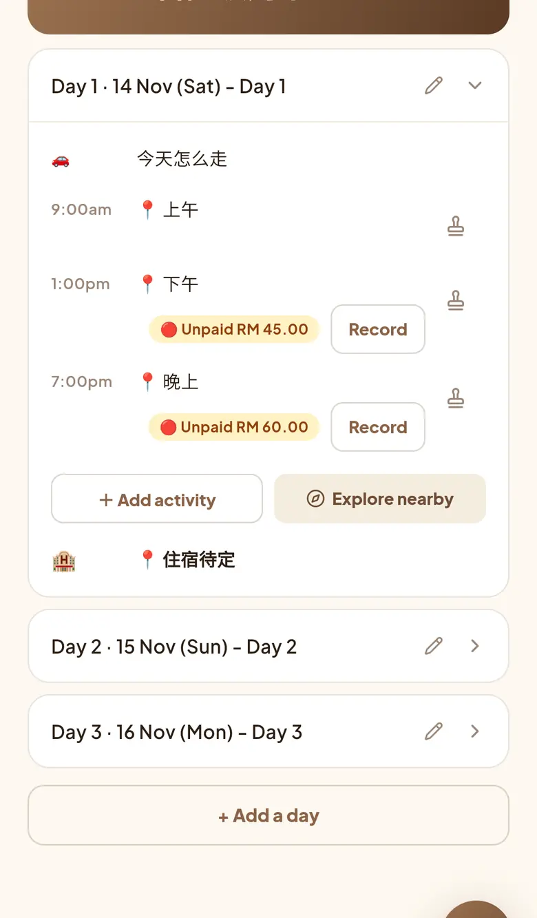 Trip Blessed itinerary with a Day 1 timeline, unpaid chips and Add activity and Explore nearby buttons
