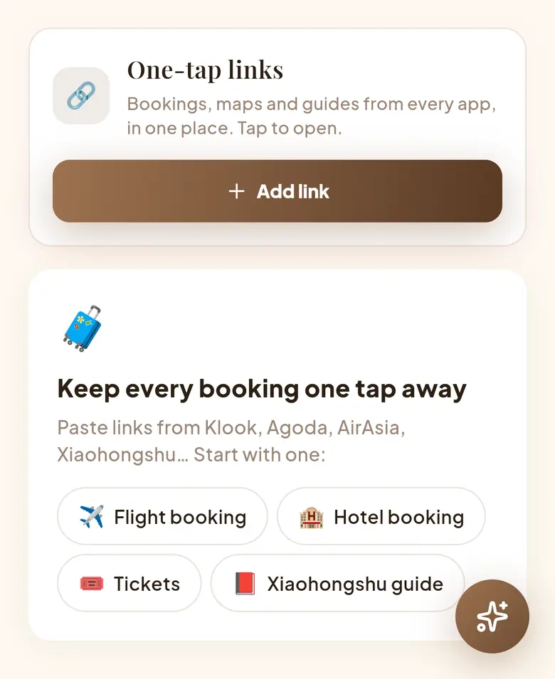 Trip Blessed one-tap links card with flight, hotel, tickets and Xiaohongshu guide