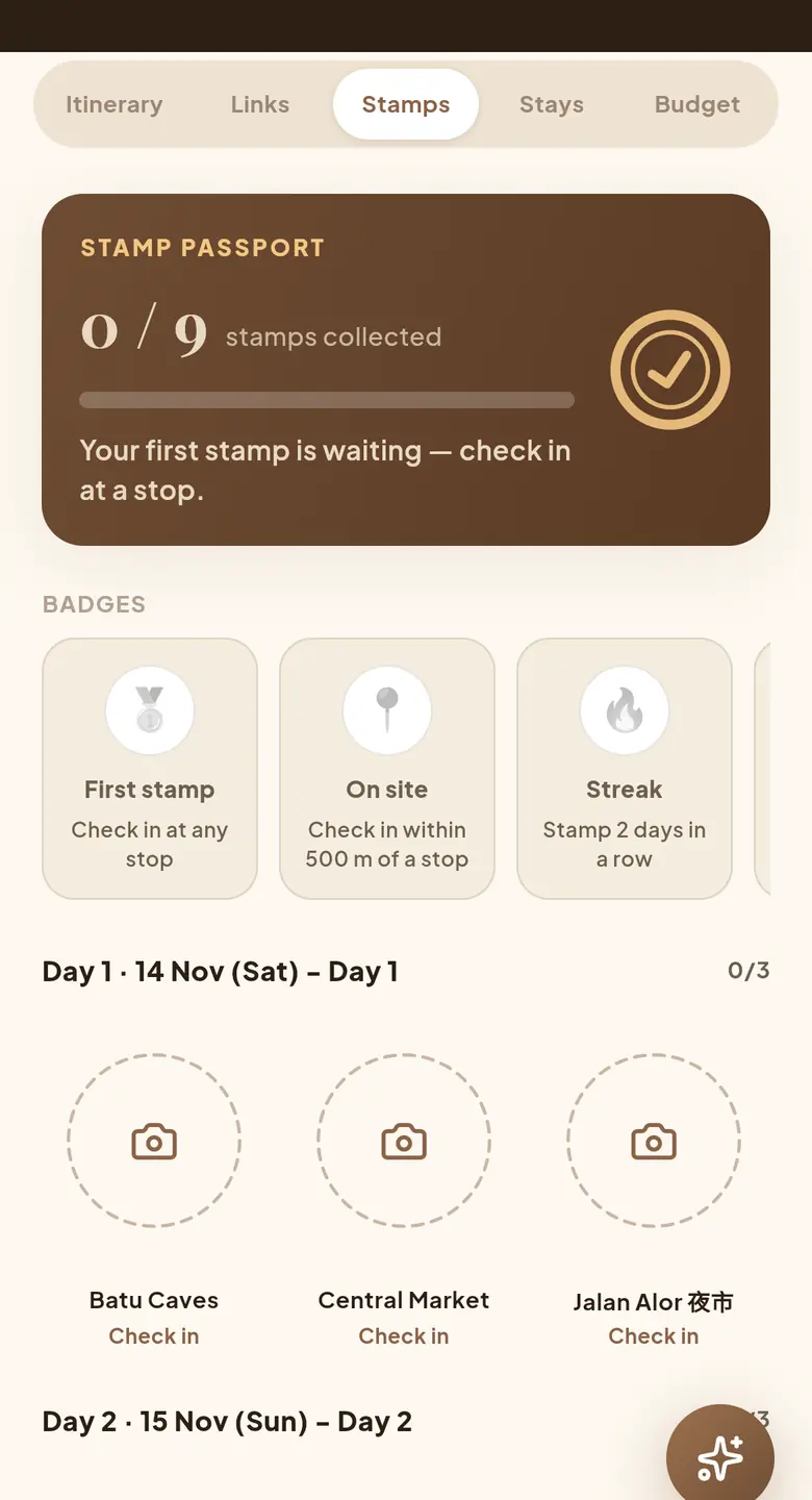 Trip Blessed stamp passport with badges and check-in stops